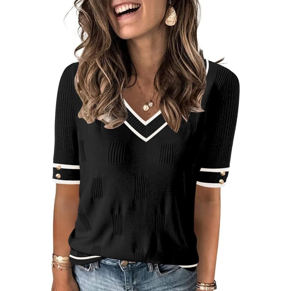 Women’s V Neck Short Sleeve Sweater Lightweight Viscose Casual Top